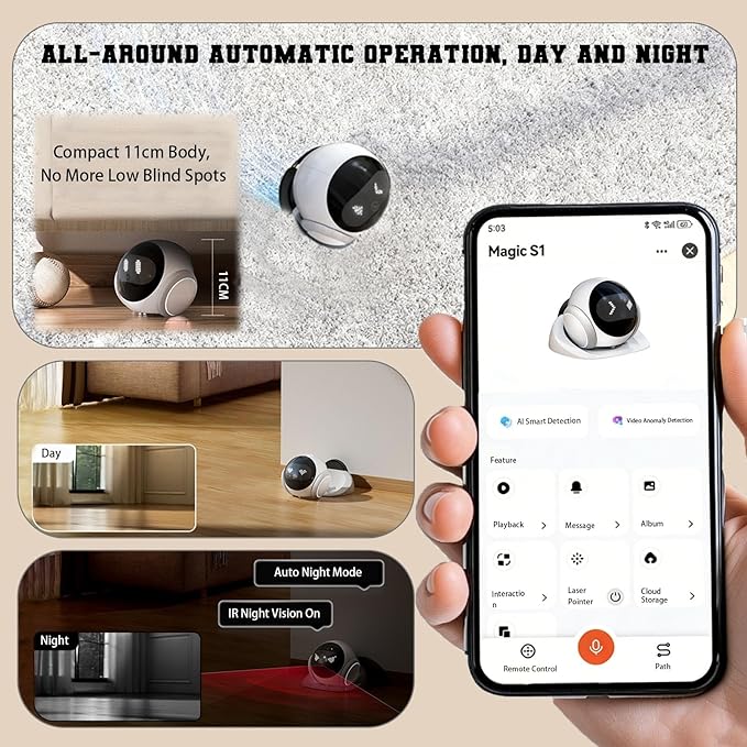Home Pet Camera Robot with AI - Movable 1080P,Battery-Operated, Night Vision,2-Way Talk, Remote Interaction with App Control Camera for Dog Cat Kids