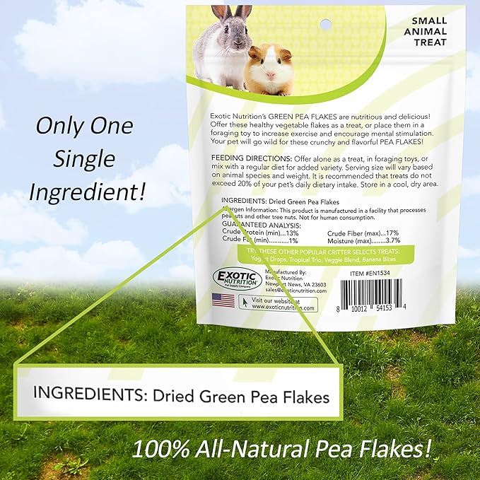 Exotic Nutrition Green Pea Flakes 3oz. - Healthy & Unique Treat - Rat, Degu, Prairie Dog, Chinchilla, Hedgehog, Parrot, Guinea Pig, Rabbit, Hamster