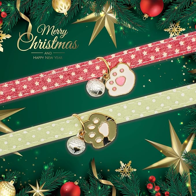 2 Pack Cotton Breakaway Cat Collar with Bell Pink & Green Paw Pendant Cute Kitten Cat Collar Suitable for Girls and Boys
