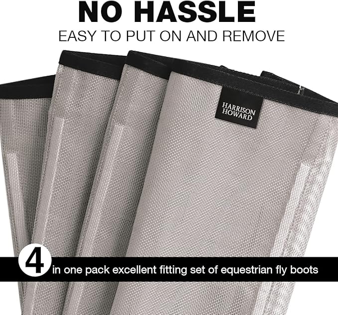 Harrison Howard Loose Fitting Fly Boots UV-Protective Extra Tough Mesh Ventilated Four Fasteners Stay-on Design Protect Horse Legs & Stomp-Reducing Set of 4 Original Grey Yearling