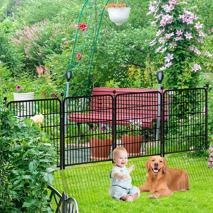 Garden Fence with Gate 48 in(H)×27 in(L) 4 Panels, Heavy Duty Iron Animal Barrier Fence, Rabbit Fence for Garden, Suitable for Indoor Pet Or Outdoor Dog Fencing, Total 8.9 Ft(L), Black