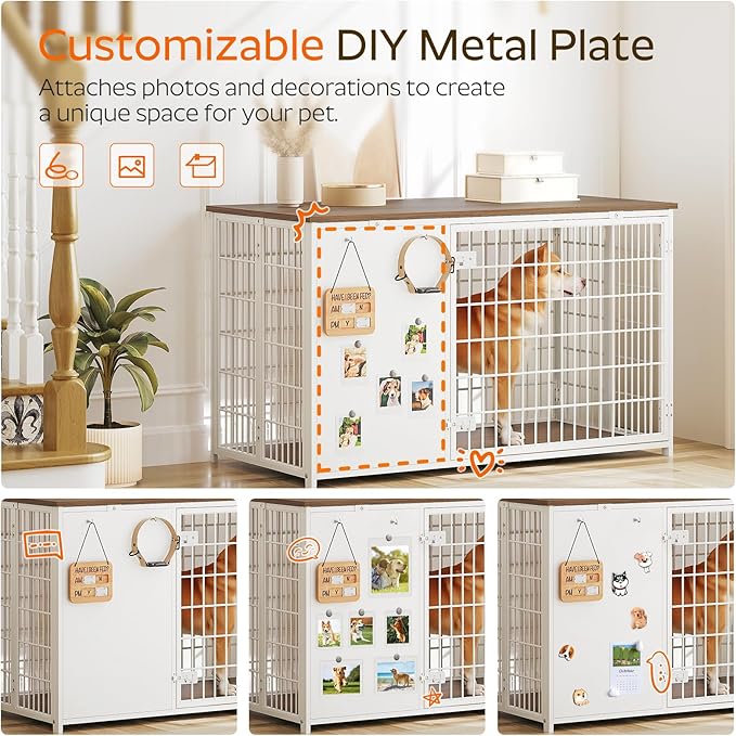 Foldable Dog Crate Furniture, 47.2" Dog Crate with DIY Frame, Heavy Duty Dog Kennel Indoor with Hooks, Wooden Dog Cage End Table, for Small/Medium/Large Dogs, White DC120WH