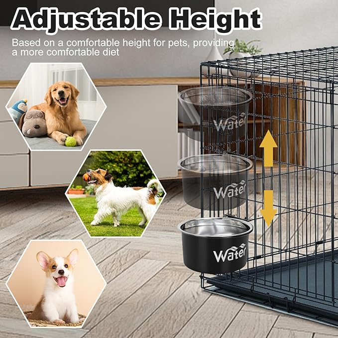 Crate Water Bowl No Spill for Large Dogs, Removable Stainless Steel Dog Bowls for Food and Water, Dog Kennel Hanging Wet and Dry Food Feeder for Medium/Large Pets, (7.1"x3.7" & 7.1"*2.6", Black)