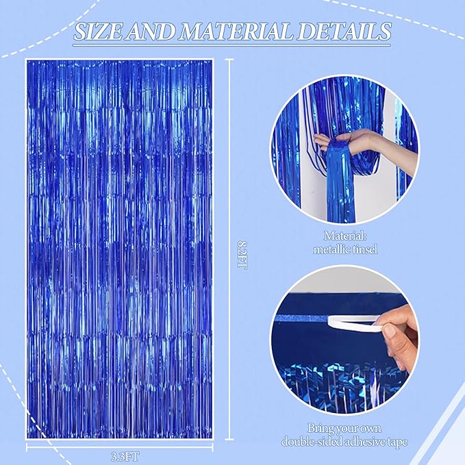 3 Pack Foil Fringe Backdrop - Royal Blue Shiny Tinsel Curtains for Party Decoration/Photo Booth Props - 3.3x8.2 FT Metallic Foil Backdrop for Birthday, Wedding, Graduation, Christmas.