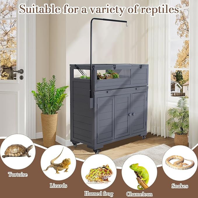 Premium Reptile Habitat Enclosure for Tortoises, Lizards, and Snakes - Adjustable Lighting, 360° Wheels, Easy-Clean Design, and Secure Ventilation- (Dark Gray)