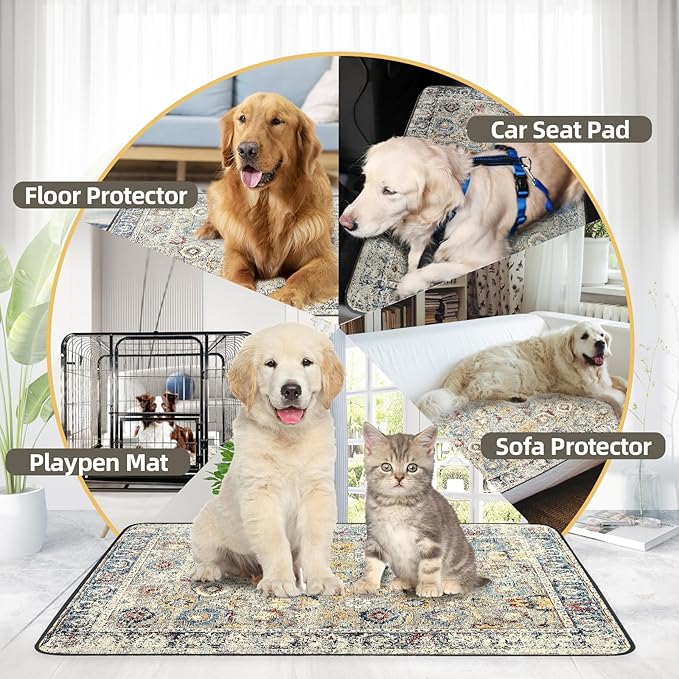 Washable Pee Pad for Dogs, 32" x 24" Reusable Puppy Pads Waterproof Dog Rugs, Super Absorbent, Leakproof, Dog Crate Pad, Playpen Mat, Whelping Pads, Vintage