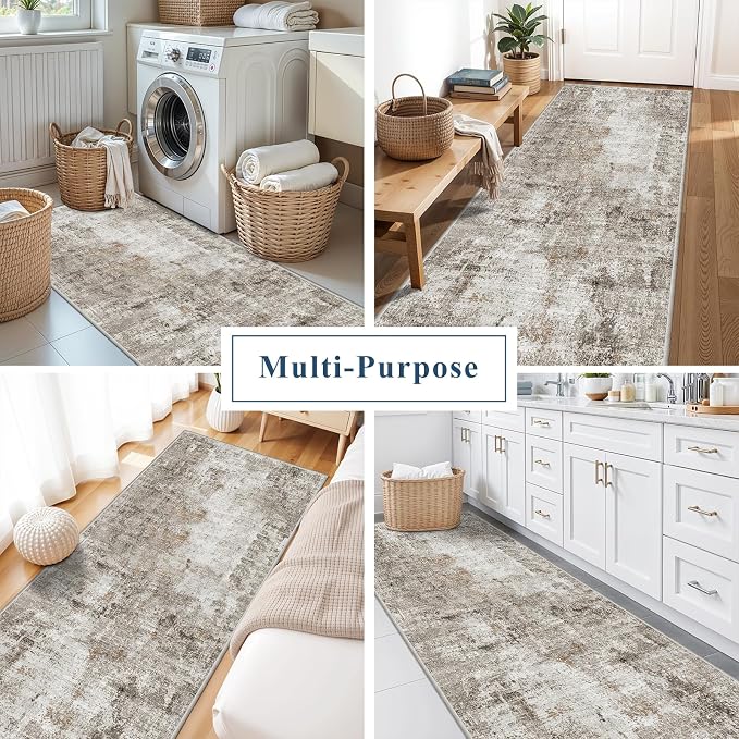 3x7 Washable Non-Slip Kitchen Runner Rug – Modern Abstract Neutral Beige & Gray