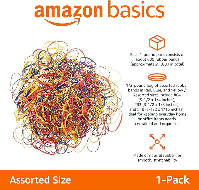 Amazon Basics Assorted Size and Color Rubber Bands, 0.5 lb.