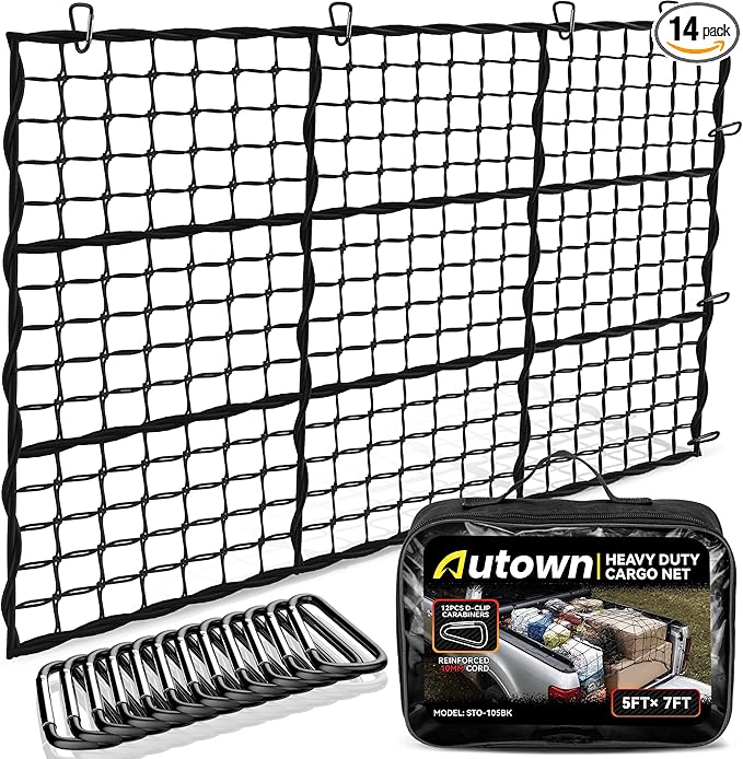 Cargo Net for Pickup Truck Bed - Stretchable 5' x 7' to 10' x 14' with 4" x 4" Mesh, Heavy Duty 10mm Cord Bungee Bed Netting with 12 Metal Carabiners - Ideal for ATV, SUV, UTV and Truck