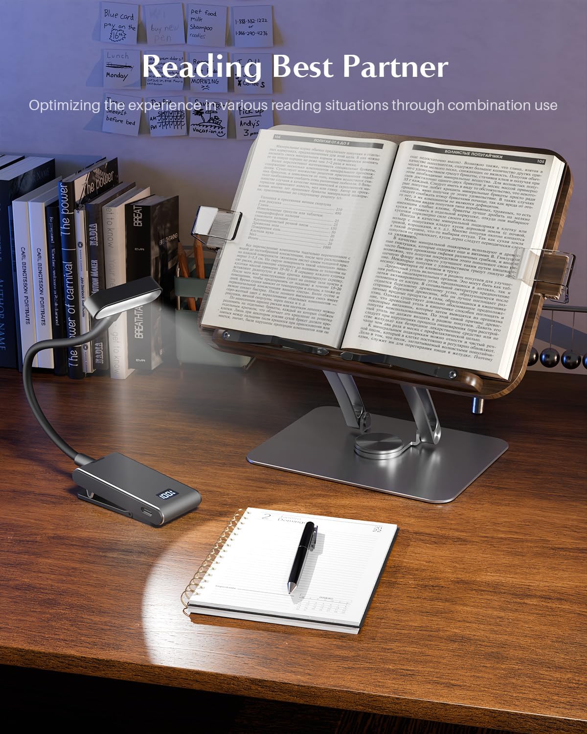 Book Stand for Reading,Adjustable Book Stand with Light,360° Rotating Metal Base,Foldable Cookbook Stand,Reading Hands Free with Page Clips for Recipe,Textbook,Cookbook（3CCT & CRI 90）