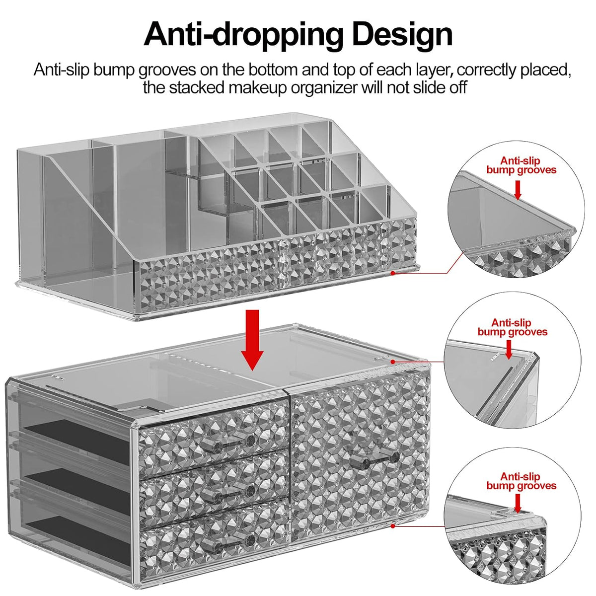 Awenia 4 Pack Stackable Makeup Organizer[Upgraded],Acrylic Cosmetics Storage Large Capacity with 11 Drawers For Brush Holder,Perfume or Jewelry Display,Plus Size| Ship from USA(Gray)