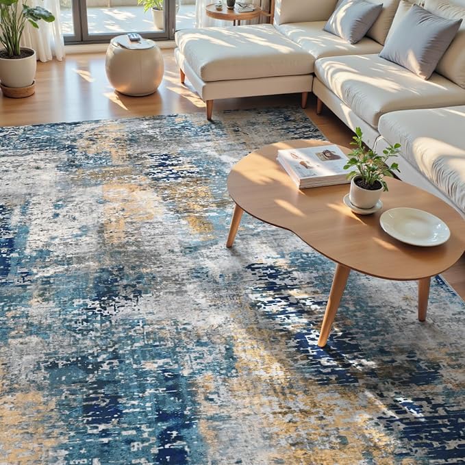 Living Room Rug 7x10 Ultramarine Area Rugs Machine Washable Abstract Boho Large