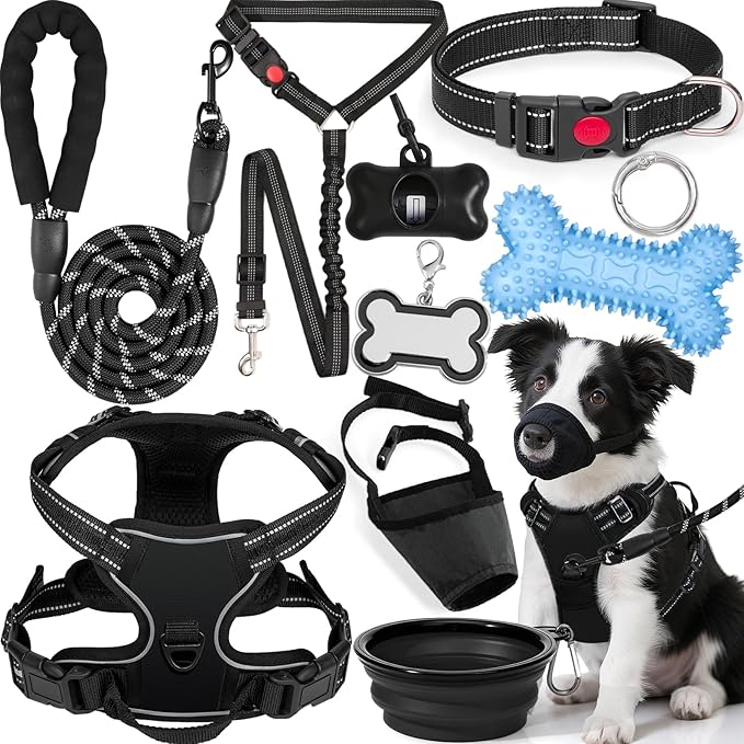 No Pull Dog Harness Adjustable Collar & Leash Set - Dog Halter Harnesses Collapsible Bowls & Poop Bag Dispenser Muzzle ID Tags Toys Fits Small Medium Large Dogs (Black-M)