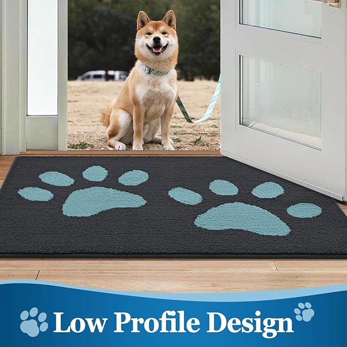 Buganda Dog Door Mat for Muddy Paws, Absorbent Dirt Trapper Washable Indoor Doormats, Non Slip Low-Profile Mud Mat for Dogs, Front Entrance Doormat for Inside Floor (30x20 Inches, Dark Grey and Blue)