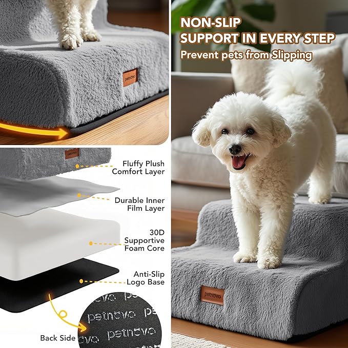 PETNOVO Ultra-Soft Rabbit Fur-Like Dog Stairs for Couch/Bed, Luxury Comfort 2-Step for Small & Senior Dogs, Non-Slip, Removable Washable Cover, Oeko-TEX Certified, 15.7" D x 15.7" Wx 11.8" H, Gray