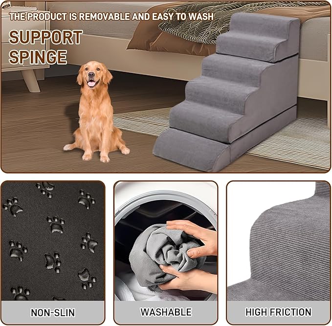 Dog Stairs for High Beds Up to 24-30"，Non-Slip 6 Steps Pet Stairs for Small Medium Dogs & Senior Cat，Washable Cover
