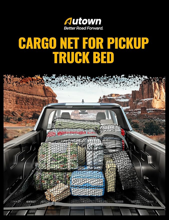 Cargo Net for Pickup Truck Bed - Stretchable 4'x4' to 7'x7', High Elastic Fine Mesh 1''x1'' with 8 Metal Carabiners - Ideal for ATV, SUV, UTV, Truck and Boat Use (Single Layer)