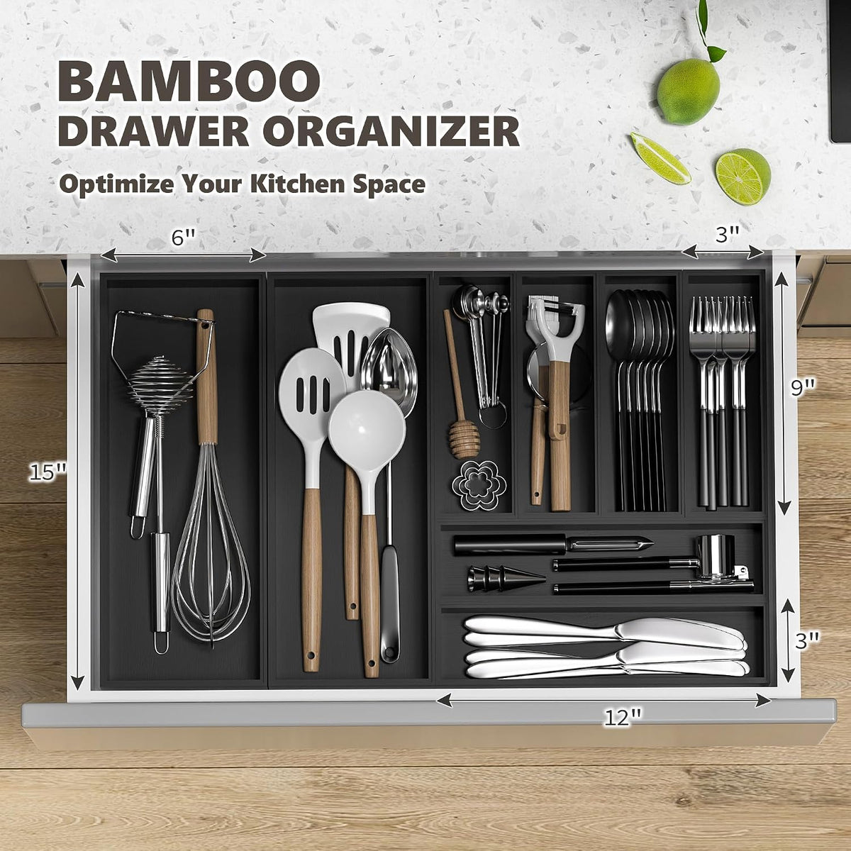 Bamboo Kitchen Drawer Organizer, 2-Pack, 17" x 6" x 2.5", Black