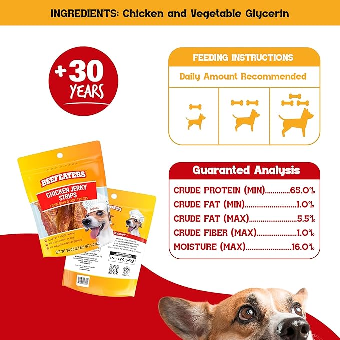 Beefeaters Chicken Jerky Strips for Dogs – Dog Treat. 100% Real Chicken Breast, Grain-Free, No Additives, Perfect for Training & Healthy Growth, Allergy-Friendly