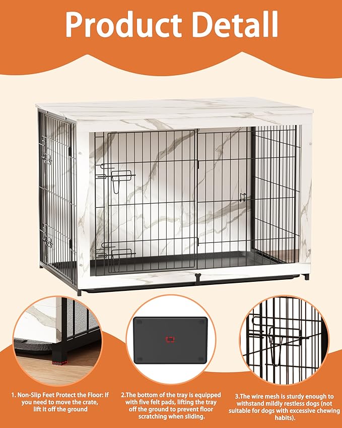 Megidok Wooden Dog Crate Furniture with Cushion,Large Dog Crate End Table with Tray, Double Doors Kennels Indoor (43.1" L*28.6" W*30.3" H, Marble White)