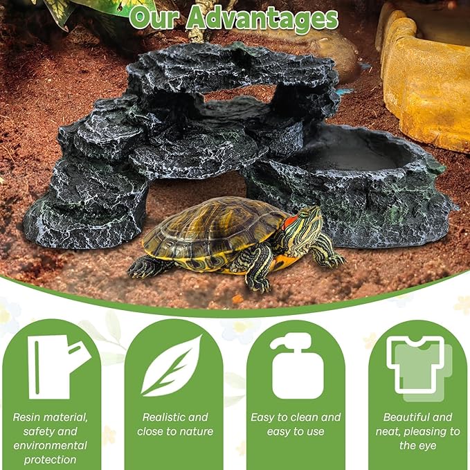PINVNBY Reptile Hide Resin Turtles Dock for Aquarium (Size: 7.1 x 4.7 x 2.7 inches), Turtle Basking Platform for Small Size Snake Crested Gecko Lizard Frogs Newts