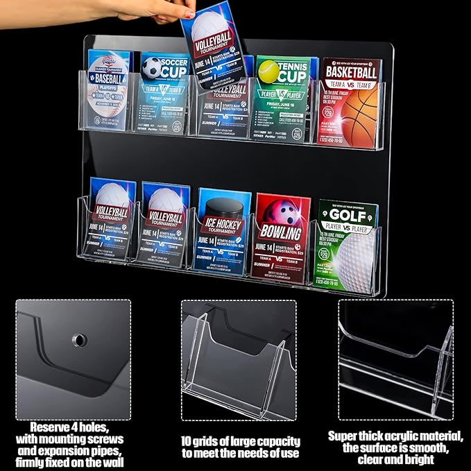 Eersida 10 Pockets Acrylic Brochure Pamphlet Holder Brochure Display Stand Business Tri Fold Multi Slot Holder Rack Wall Mount Clear Pocket Space Saver for Flyer Literature Menu Advertise