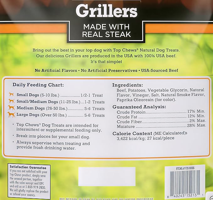 Top-Chews Natural Dog Treats, Grillers Made with Real Steak, Net Wt. 32 Oz(907g) - Package May Vary