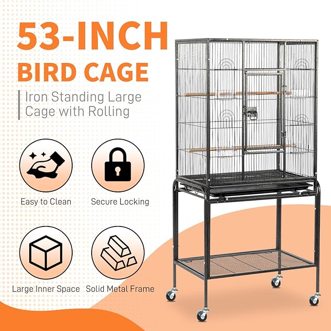 VINGLI 53-inch Large Bird Cage with Rolling Stand, Durable Wrought Iron Parakeet Cage with Slide Out Tray, Black Bird Cages for Parakeets/Lovebird/Cockatiels/Budgies and Other Small/Medium Birds