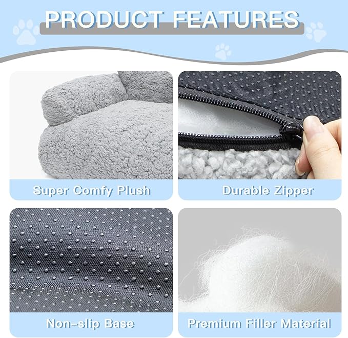 Plush Cat Couch Bed - Cat Bed for Indoor Cats, Dog Sofa Bed, Cotton Fleece Calming Pet Couch with Removable Cover, Breathable Pet Sofa for Small/Medium Pets (26×18×12in, Grey)