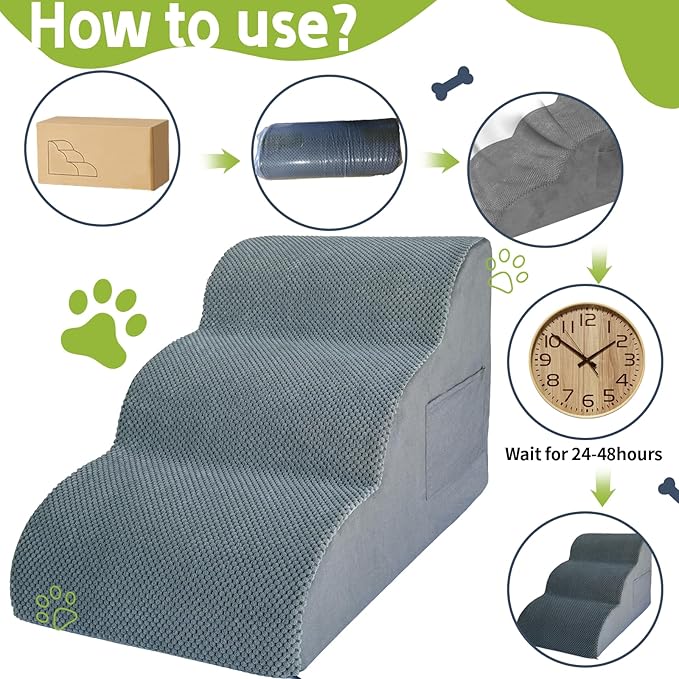Dog Stairs for High Beds, 3-Step Dog Stairs & Steps 15.8" H for Small Dogs Cats pet to get on 16-20 inches Tall Couch/Chair/beds. 3 Tiers Pet Doggy Ramp Ladder with Non-Slip Bottom for Indoor Stairs