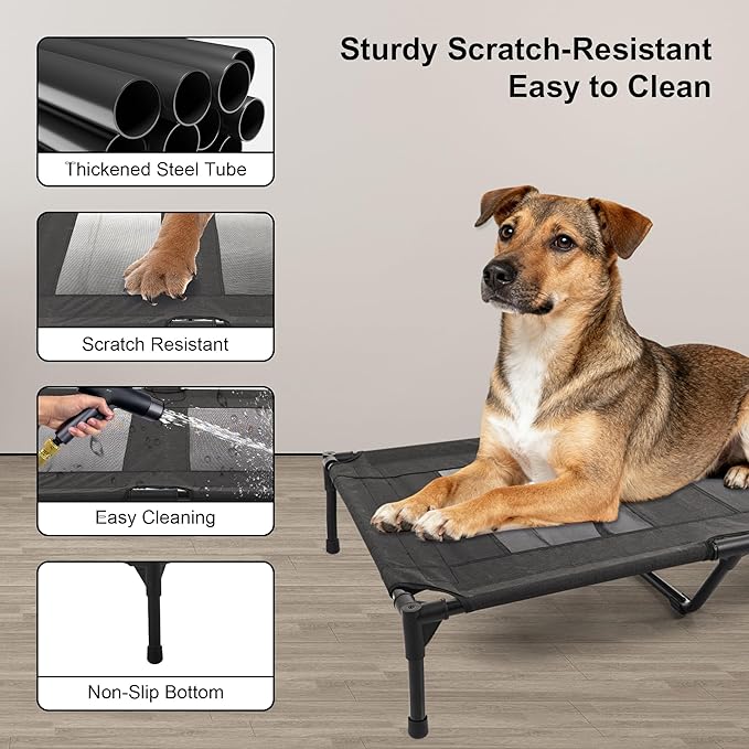 Raised Dog Bed Cooling Cot for Indoor Outdoor Use Portable Waterproof Mesh Pet Bed Washable for Large Medium Small Dogs, Black