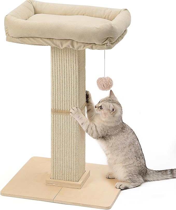 FUKUMARU Cat Scratching Post, Modern Style Tall Scratch Posts with Perch for Infoor Cats Adults, Large Cat Scratcher Tower with Bed, Small Tree with Raised Stand, Natural Sisal & Solid Wood