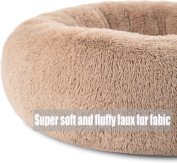 Calming Faux Fur Dog Beds Calming Donut Cuddler Dog Bed Washable Round Cat Bed Pillow Cuddler Fluffy Indoor Dog Calming Beds with Anti Slip Bottom Solid Color Hot Pink 27 Inch