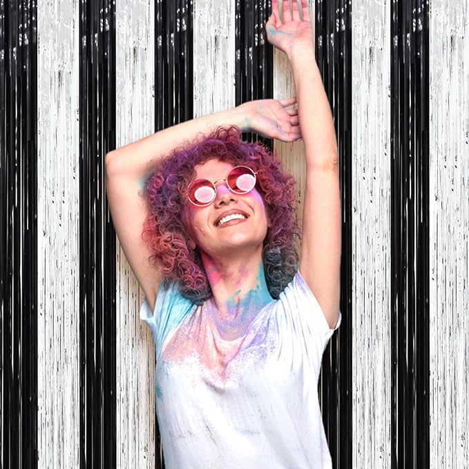3 Pack 3.3 x 8.2 ft Black and Silver Foil Fringe Backdrop Curtains, Tinsel Streamers Party Decorations, Fringe Backdrop