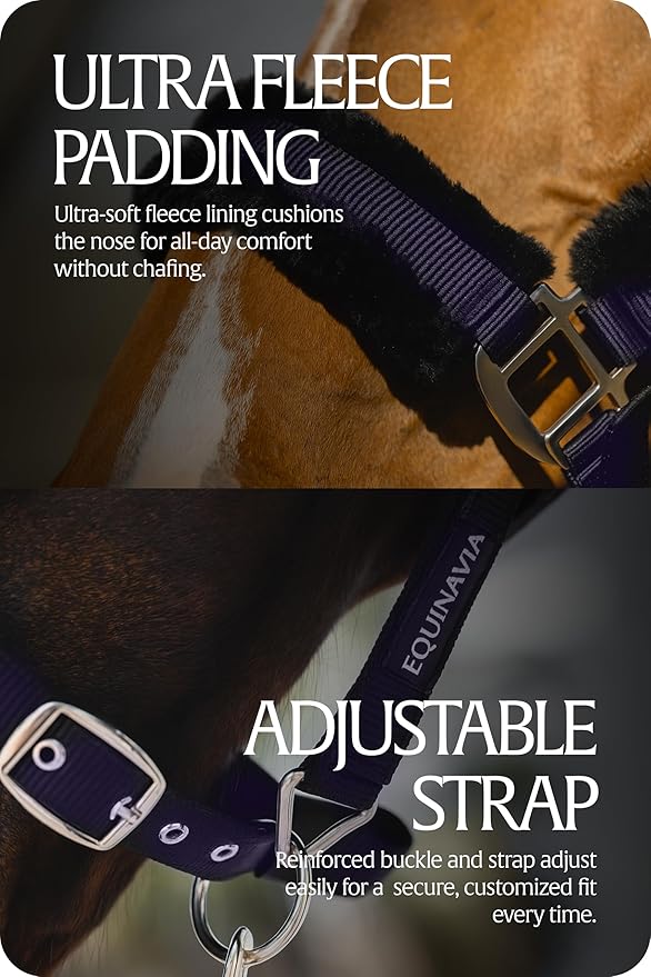 Equinavia Valkyrie Ultra Fleece Breakaway Horse Halter | Padded Fleece Adjustable Safety Halter with Nylon Webbing - Navy/Navy - Horse