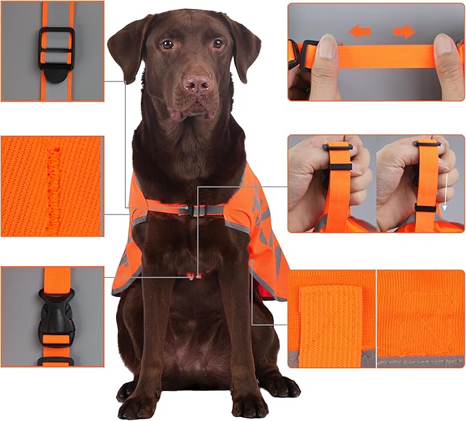 Orange Reflective Dog Vest for 3XLarge Breeds,High Visibility Dog Safety Vest Harness with Removable Bell Keep Safe from Hunting, Training & Cars Accidents