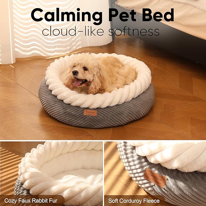 FUKUMARU Dog Bed, Calming Donut Dog Beds, Plush Faux Fur&Corduroy Cat Beds, Cute Round Washable Pet Bed for Large Cats and Small Dogs, Cat Cave with Anti-Slip Bottom, 25inch, Grey