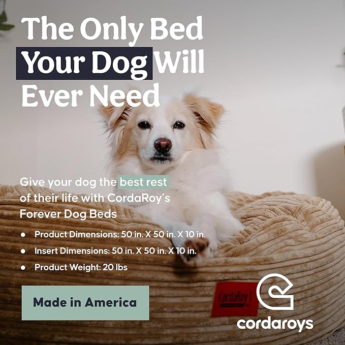 CordaRoy's Waterproof Terry Corduroy Forever Dog - with Removable, Washable Cover - Comfortable & Stylish Pet for Living Room, Room, Office - 50" - Khaki | Made in The USA