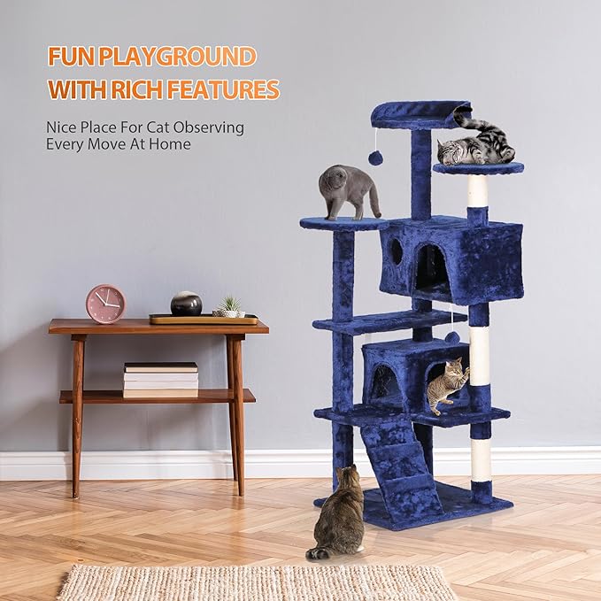 Multi-Level Cat Tree Tower with Condos, 54" Tall Cat Activity Center with Plush Perches and Toys, Space Saving Pet Playhouse for Kittens and Cats (Blue)