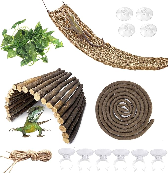 kathson Bearded Dragon Hammock Reptile Hideout Wooden Bridge Jungle Climber Vines Flexible Reptile Leaves with Suction Cups Reptile Habitat Decor for Chameleon, Lizards, Gecko, Snakes Climbing Hiding