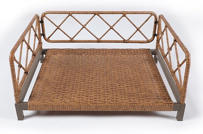 Elevated Waterproof Dog Beds with Egg Crate Foam Support Pet Bed, Outdoor Dog Sofa Bed PE Wicker Orthopedic Pet Couch Bed with Washable Removable Cushion for Medium, Small Dogs, Brown