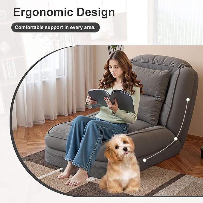 Adjustable 5-Position Human Dog Bed for People, Big Comfy Plush Floor Gaming Lazy Sofa Chair with Pillows & Back Support, Foldable Lounge Loveseat Couch for Living Room Bedroom (Grey①)