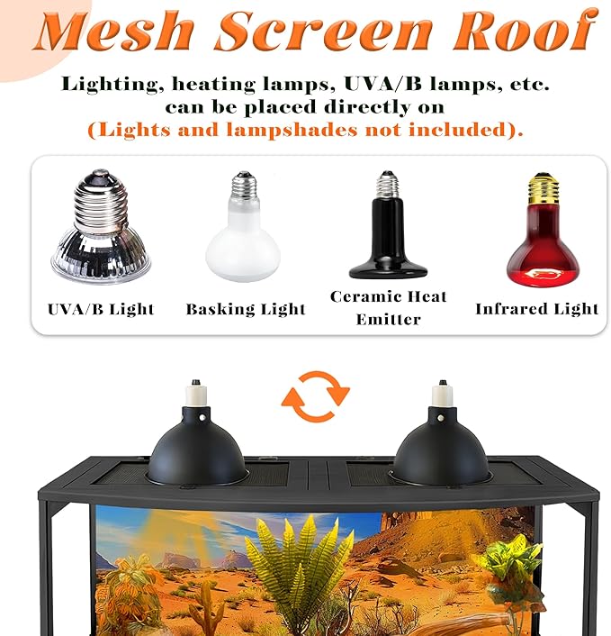 PROLEE Bearded Dragon Tank, Curved Reptile Enclosure with 3-Side Clear Acrylic Panels, Spacious Lizard Tank with Metal Mesh Top and Lockable Door for Reptile Habitat (Black, 32" Length,34 Gallons)