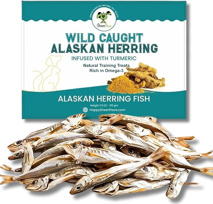 Happy Gluten Free Herring Dog Treats – Wild-Caught Dried Fish for Dogs & Cats – Single Ingredient, High Protein Fish Treats – Made in Alaska, Infused with Turmeric (3.5 oz)