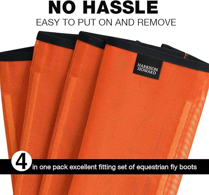 Harrison Howard Loose Fitting Fly Boots UV-Protective Extra Tough Mesh Ventilated Four Fasteners Stay-on Design Protect Horse Legs & Stomp-Reducing Set of 4 Orange Pony