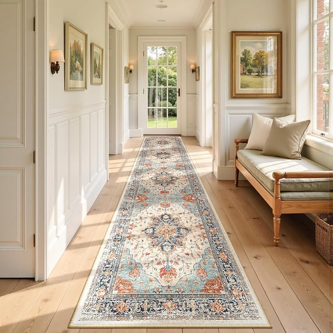 RELEANY Area Rugs Runner 2'6"x14' Washable Non-Slip, Floral Vintage Distress