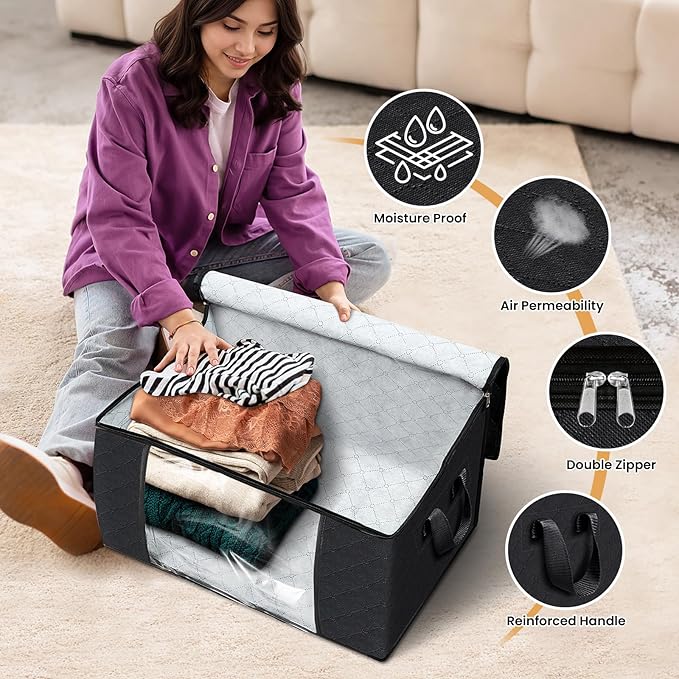 Fab totes 10 Pack Clothes Storage, Foldable Thick Fabric Blanket Storage Bags, Containers for Organizing Bedroom, Closet, Clothing, Comforter,Closet Organization with Handle,Black