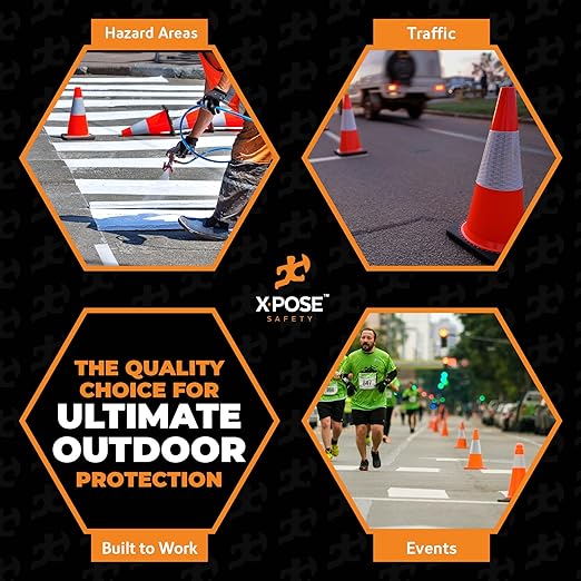 Xpose Safety 18 Inch Orange Traffic Cones with 6" Collar - 12 Pack Multipurpose PVC Plastic Safety Cone for Parking, Soccer, Caution, Kids and Construction - DOT Approved