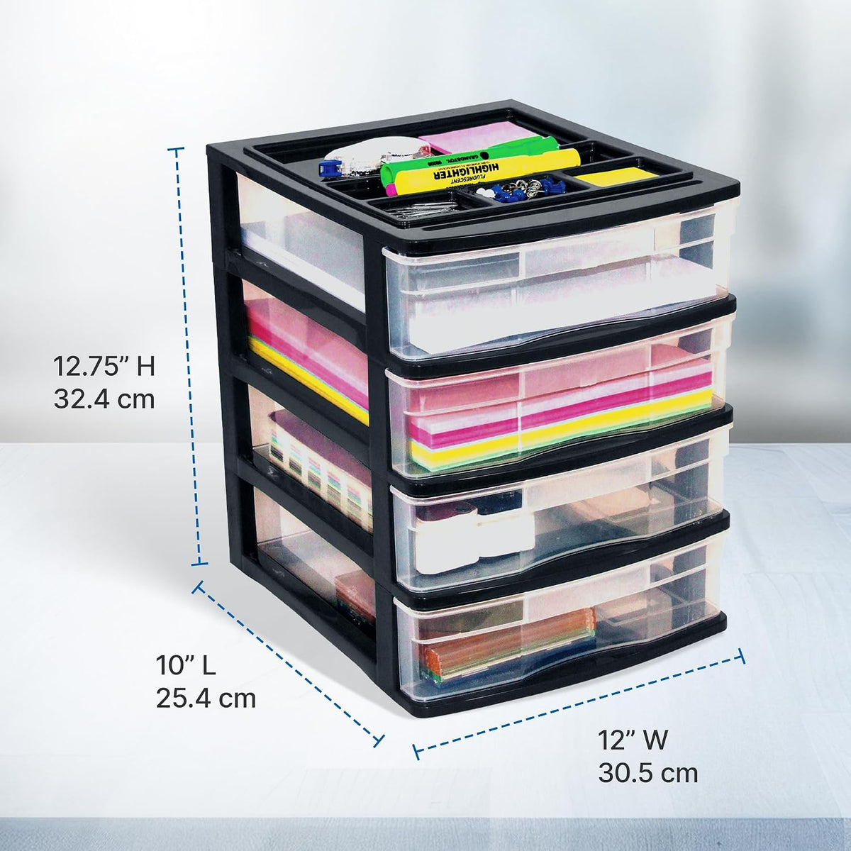 Gracious Living 4-Drawer Desktop Organizer with Tray Top, Black, 3-Pack