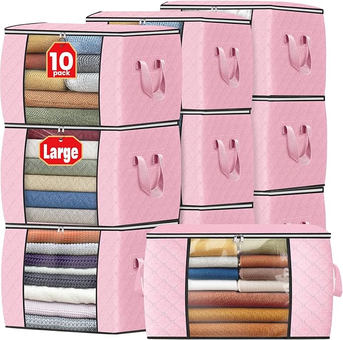 Fab totes 24 Gallons Clothes Storage, Foldable Thick Fabric Blanket Storage Bags, Containers for Organizing Bedroom, Closet, Clothing, Comforter, Organization with Handle (10 Pack,Pink)
